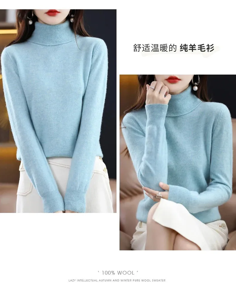 100% Merino Wool Cashmere Sweater Women Knitted Sweater Turtleneck Long Sleeve Pullovers Autumn Winter Clothing Warm Jumper Tops