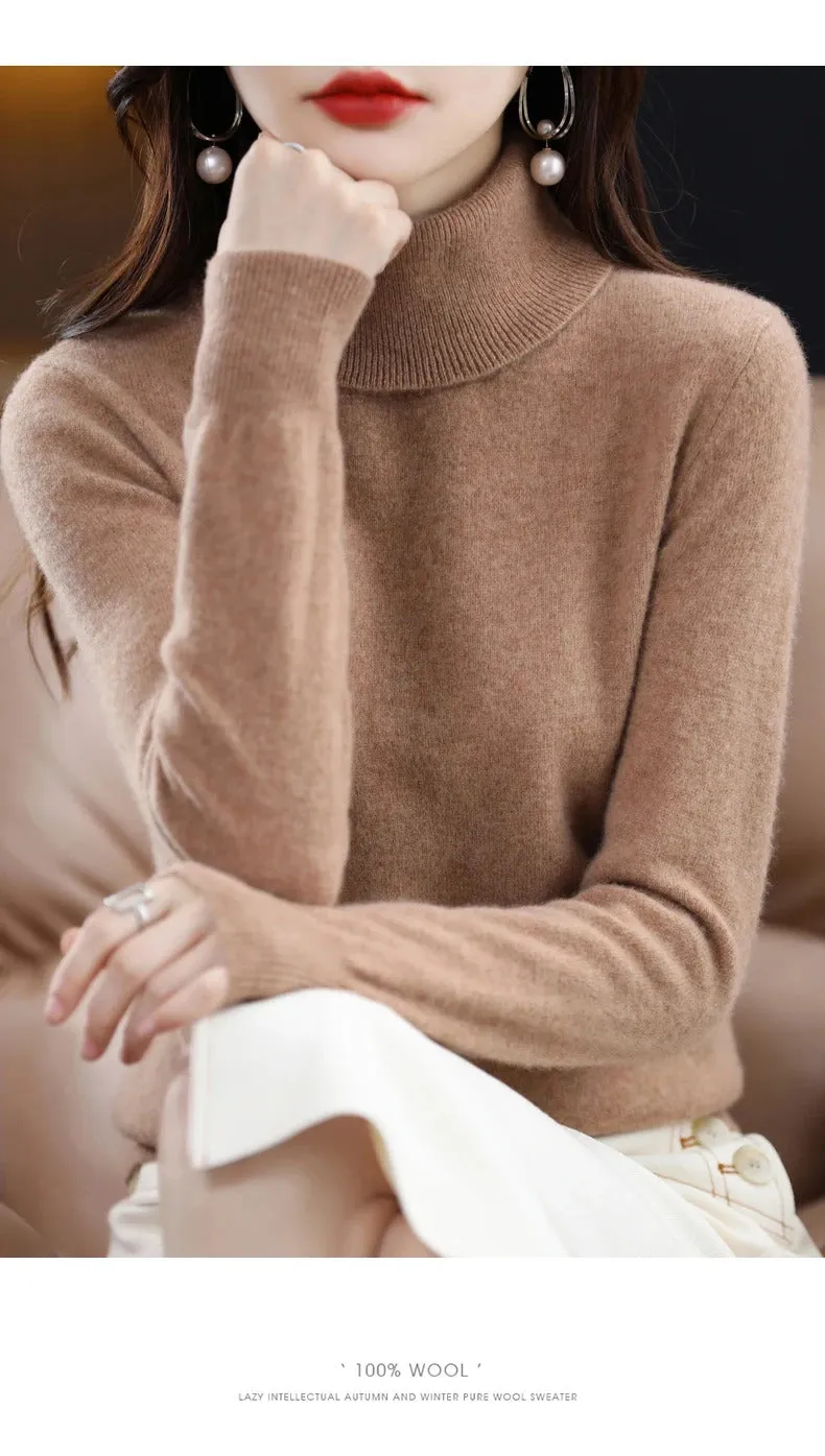 100% Merino Wool Cashmere Sweater Women Knitted Sweater Turtleneck Long Sleeve Pullovers Autumn Winter Clothing Warm Jumper Tops