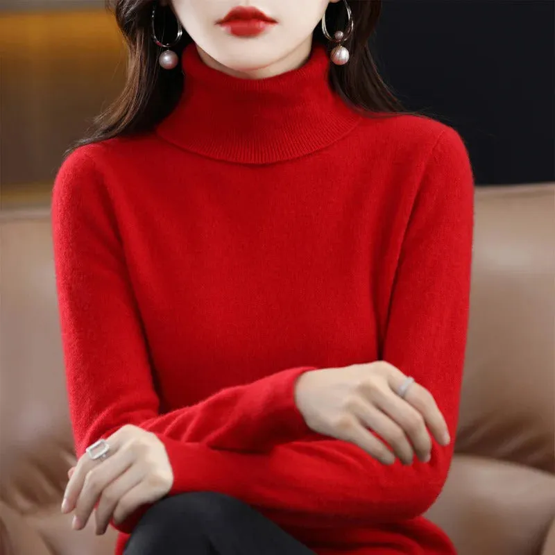 100% Merino Wool Cashmere Sweater Women Knitted Sweater Turtleneck Long Sleeve Pullovers Autumn Winter Clothing Warm Jumper Tops