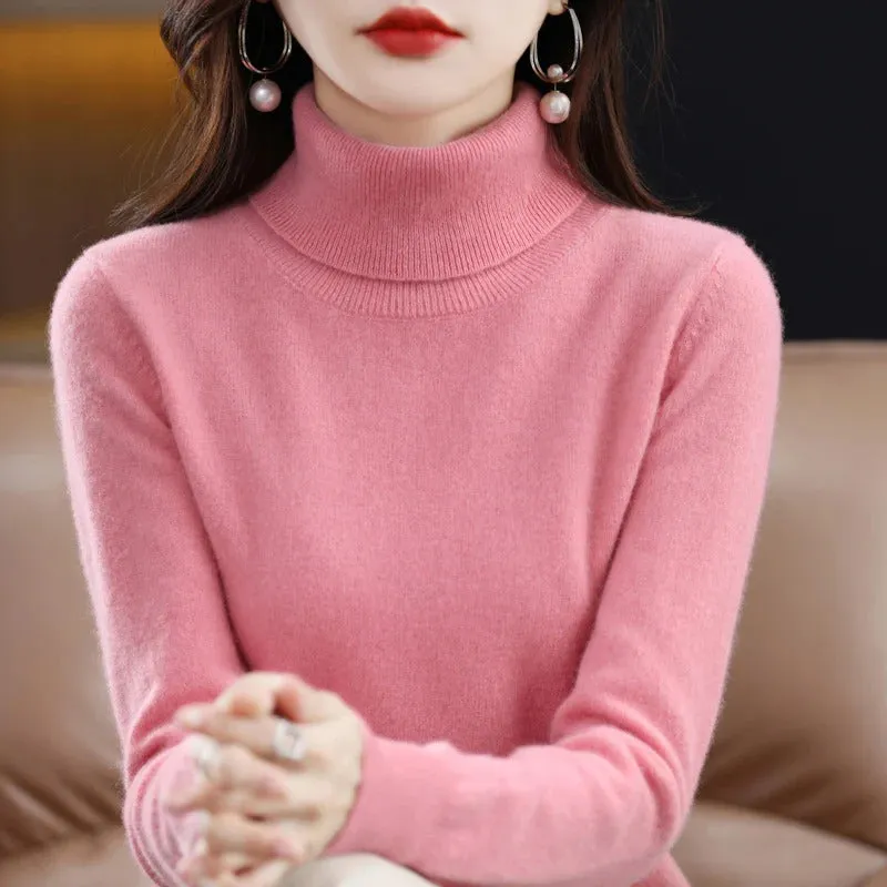 100% Merino Wool Cashmere Sweater Women Knitted Sweater Turtleneck Long Sleeve Pullovers Autumn Winter Clothing Warm Jumper Tops