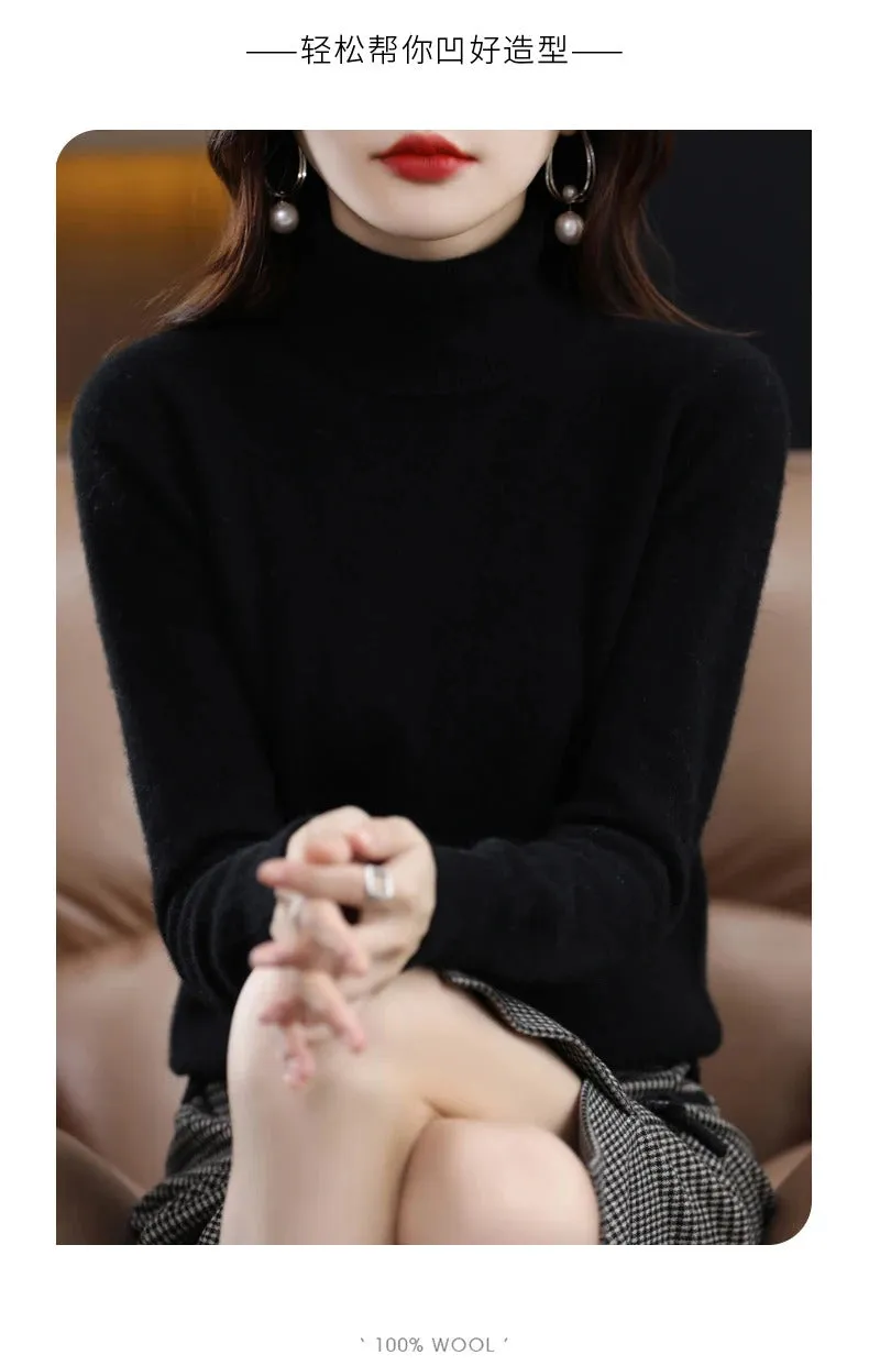 100% Merino Wool Cashmere Sweater Women Knitted Sweater Turtleneck Long Sleeve Pullovers Autumn Winter Clothing Warm Jumper Tops