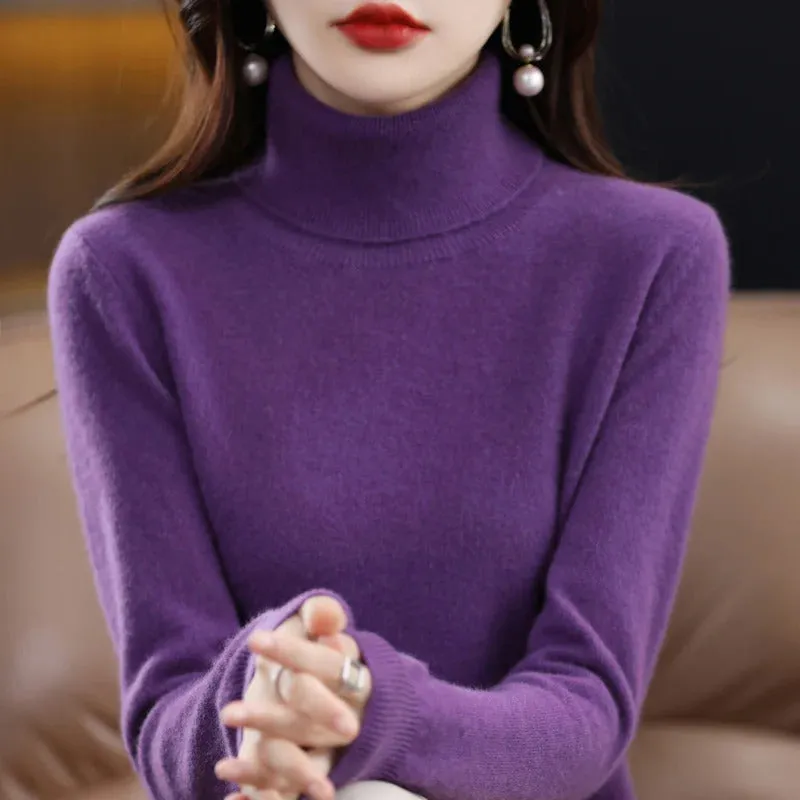 100% Merino Wool Cashmere Sweater Women Knitted Sweater Turtleneck Long Sleeve Pullovers Autumn Winter Clothing Warm Jumper Tops