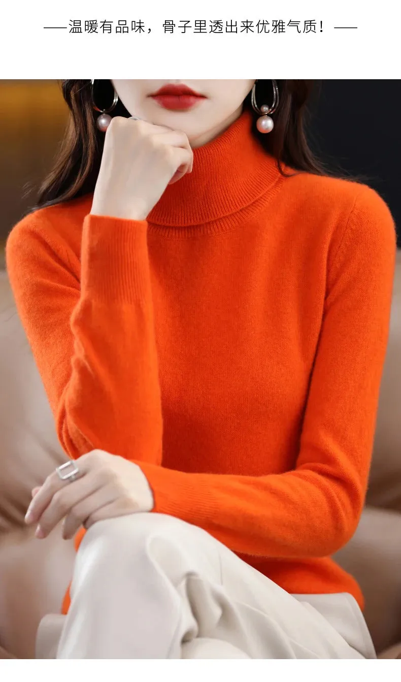 100% Merino Wool Cashmere Sweater Women Knitted Sweater Turtleneck Long Sleeve Pullovers Autumn Winter Clothing Warm Jumper Tops