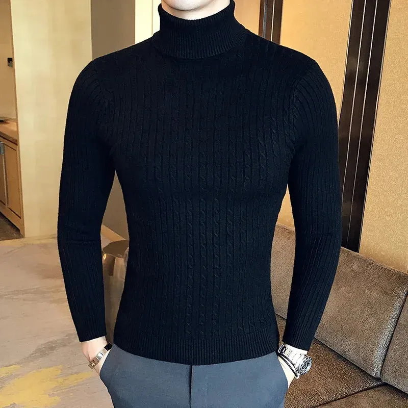 2023 Korean Slim Solid Color Turtleneck Sweater Mens Winter Long Sleeve Warm Knit Sweater Classic Solid Casual Bottoming Shirt