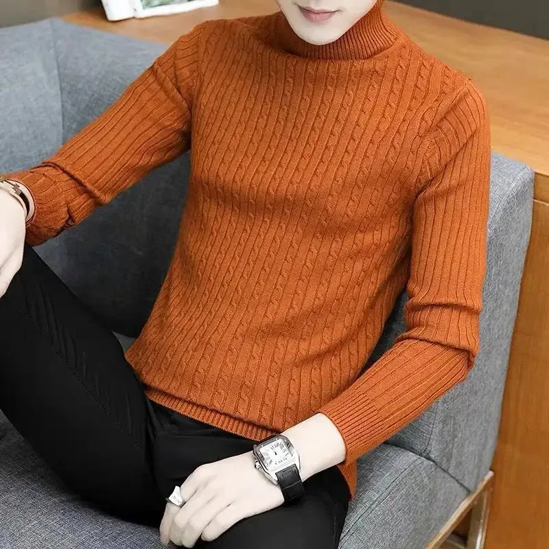 2023 Korean Slim Solid Color Turtleneck Sweater Mens Winter Long Sleeve Warm Knit Sweater Classic Solid Casual Bottoming Shirt