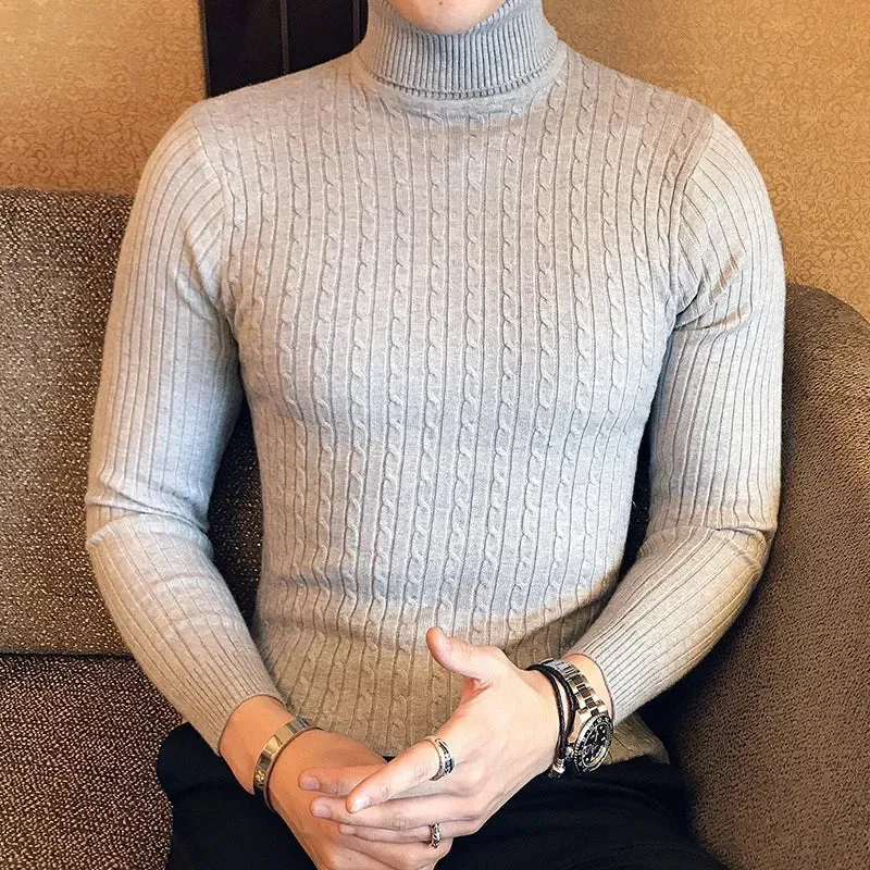 2023 Korean Slim Solid Color Turtleneck Sweater Mens Winter Long Sleeve Warm Knit Sweater Classic Solid Casual Bottoming Shirt