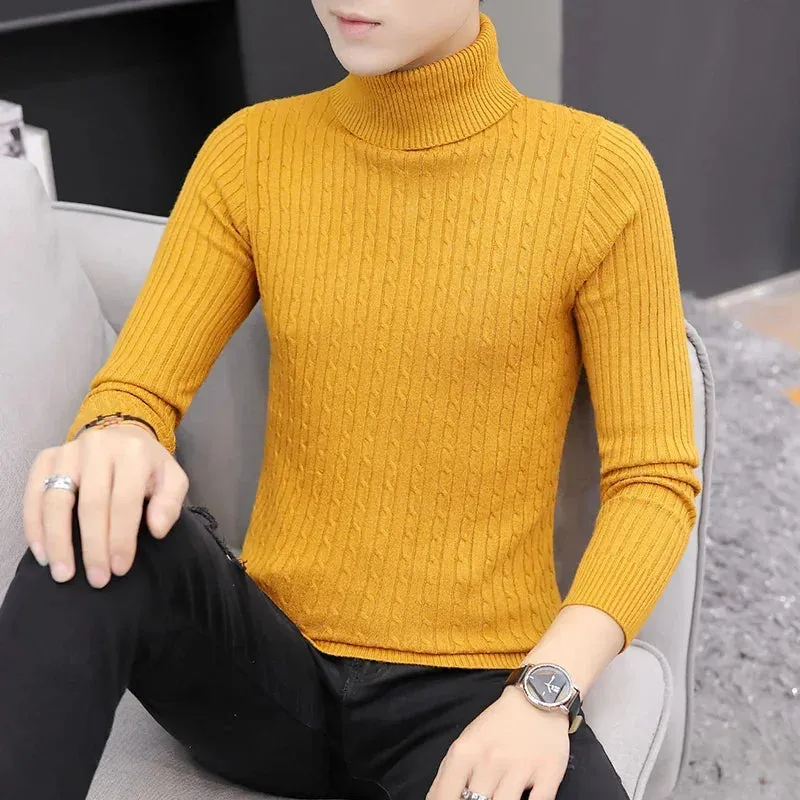 2023 Korean Slim Solid Color Turtleneck Sweater Mens Winter Long Sleeve Warm Knit Sweater Classic Solid Casual Bottoming Shirt