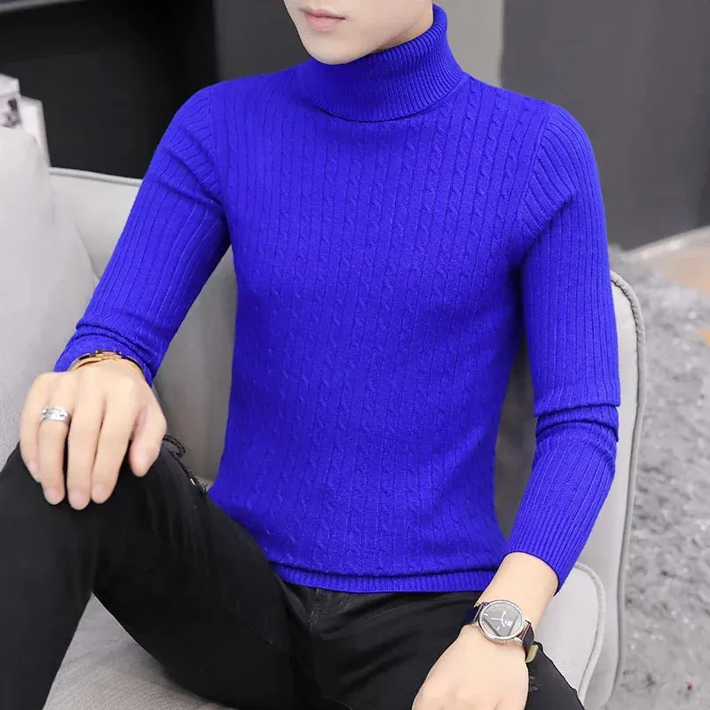 2023 Korean Slim Solid Color Turtleneck Sweater Mens Winter Long Sleeve Warm Knit Sweater Classic Solid Casual Bottoming Shirt