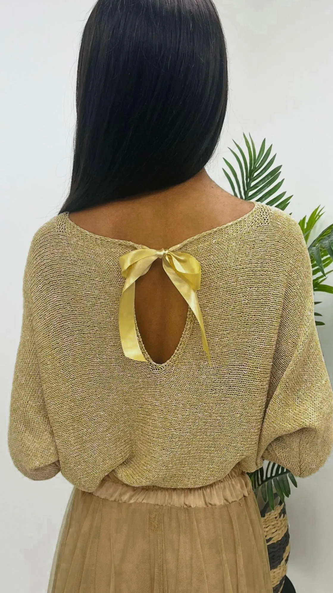 A2078 Gold Lurex Fine Knit Bow Top