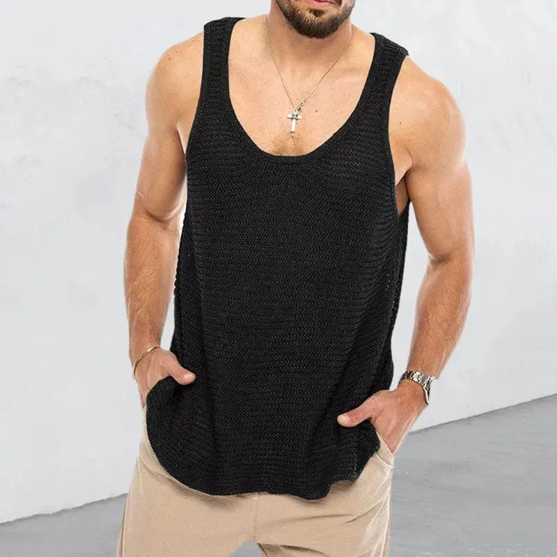 Aidase Men Summer Knitted Tank Top Loose Sleeveless Sportswear Tops Boys Casual Fitness Bodybuilding Breathable Tees Plus Size Xxxl