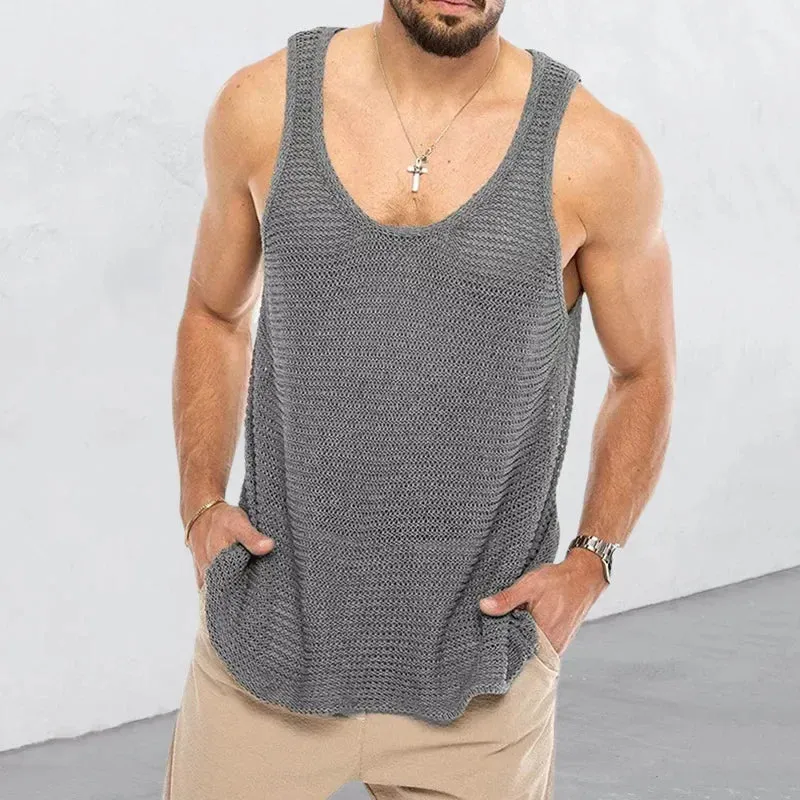 Aidase Men Summer Knitted Tank Top Loose Sleeveless Sportswear Tops Boys Casual Fitness Bodybuilding Breathable Tees Plus Size Xxxl