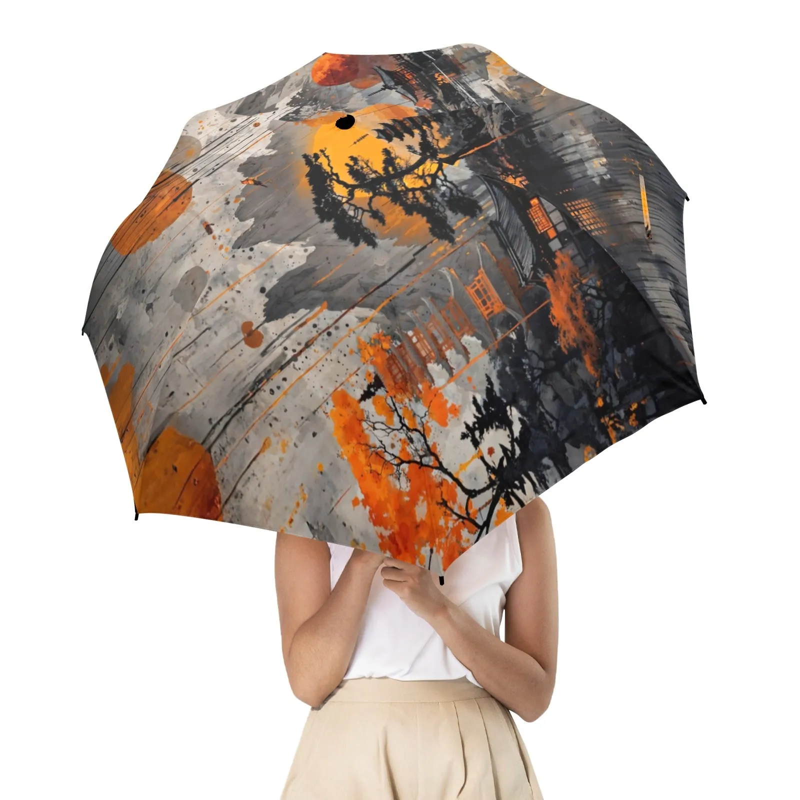 Artistic Asian Landscape Umbrella - Semi-Automatic Foldable Design for Rainy Days