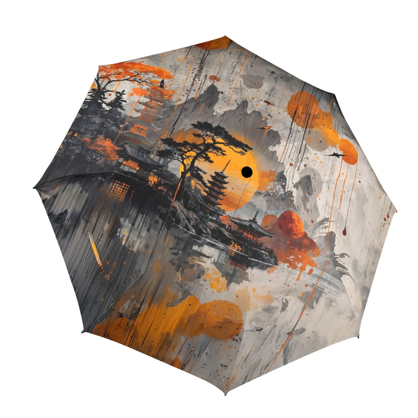 Artistic Asian Landscape Umbrella - Semi-Automatic Foldable Design for Rainy Days