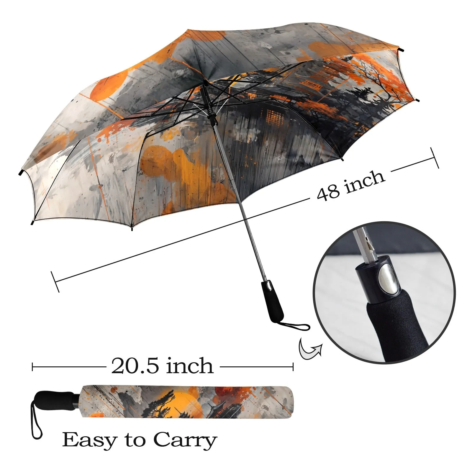 Artistic Asian Landscape Umbrella - Semi-Automatic Foldable Design for Rainy Days