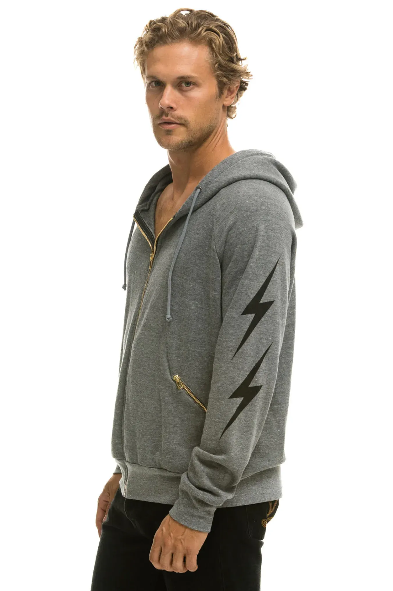 AVIATOR NATION BOLT 4 ZIP UNISEX HOODIE RELAXED WITH POCKETS - HEATHER GREY