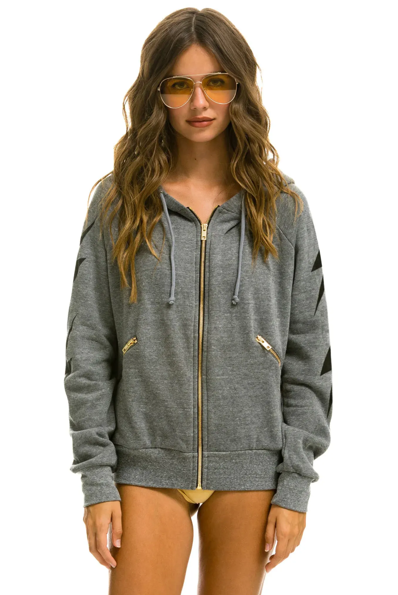 AVIATOR NATION BOLT 4 ZIP UNISEX HOODIE RELAXED WITH POCKETS - HEATHER GREY