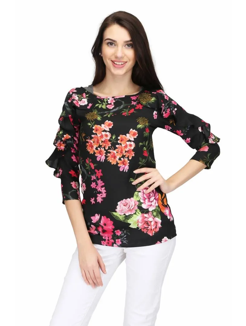 Black Floral Printed Ruffle Blouse Top