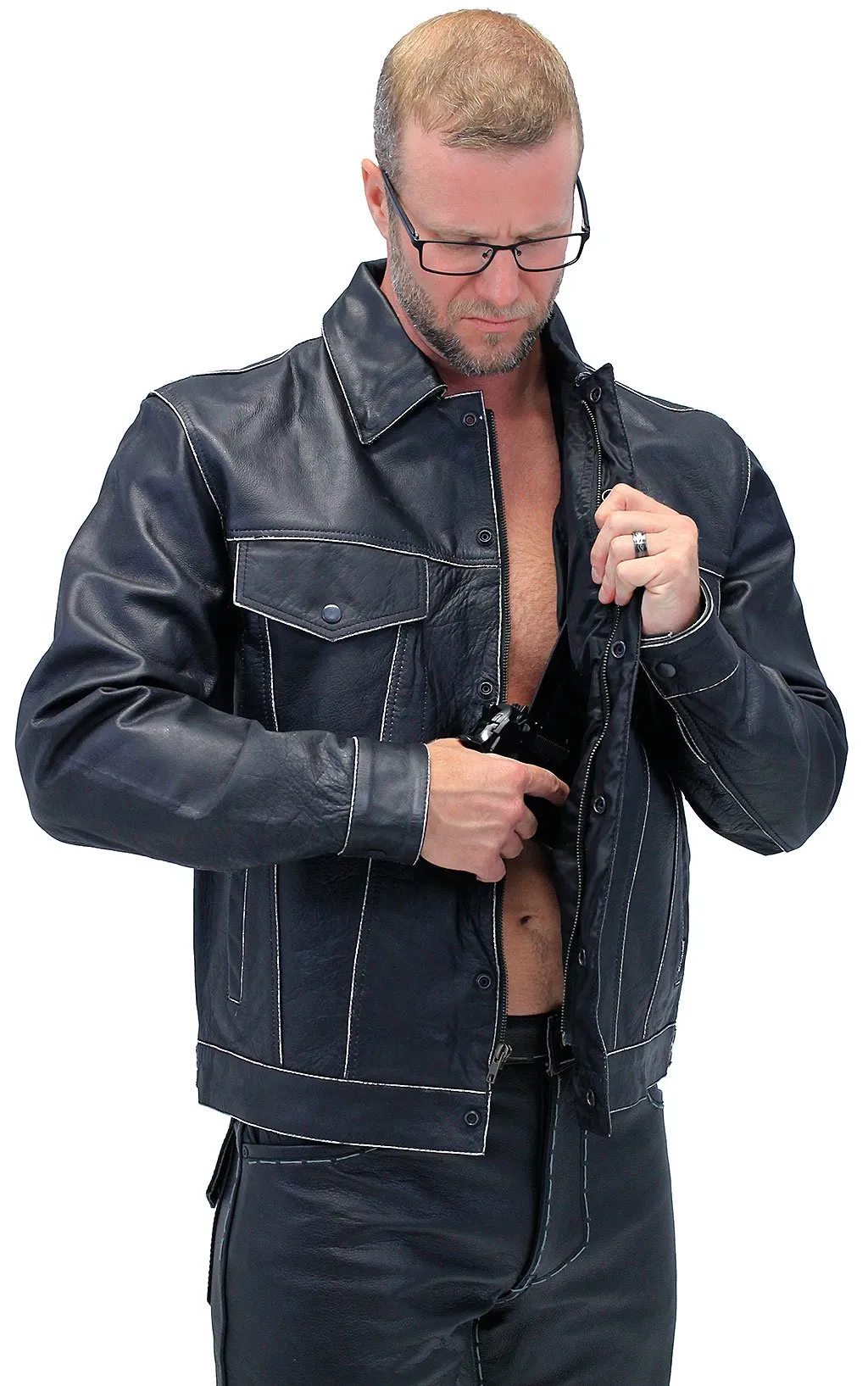 Black Vintage Leather Jean Jacket with Concealed Pockets #MA6643K