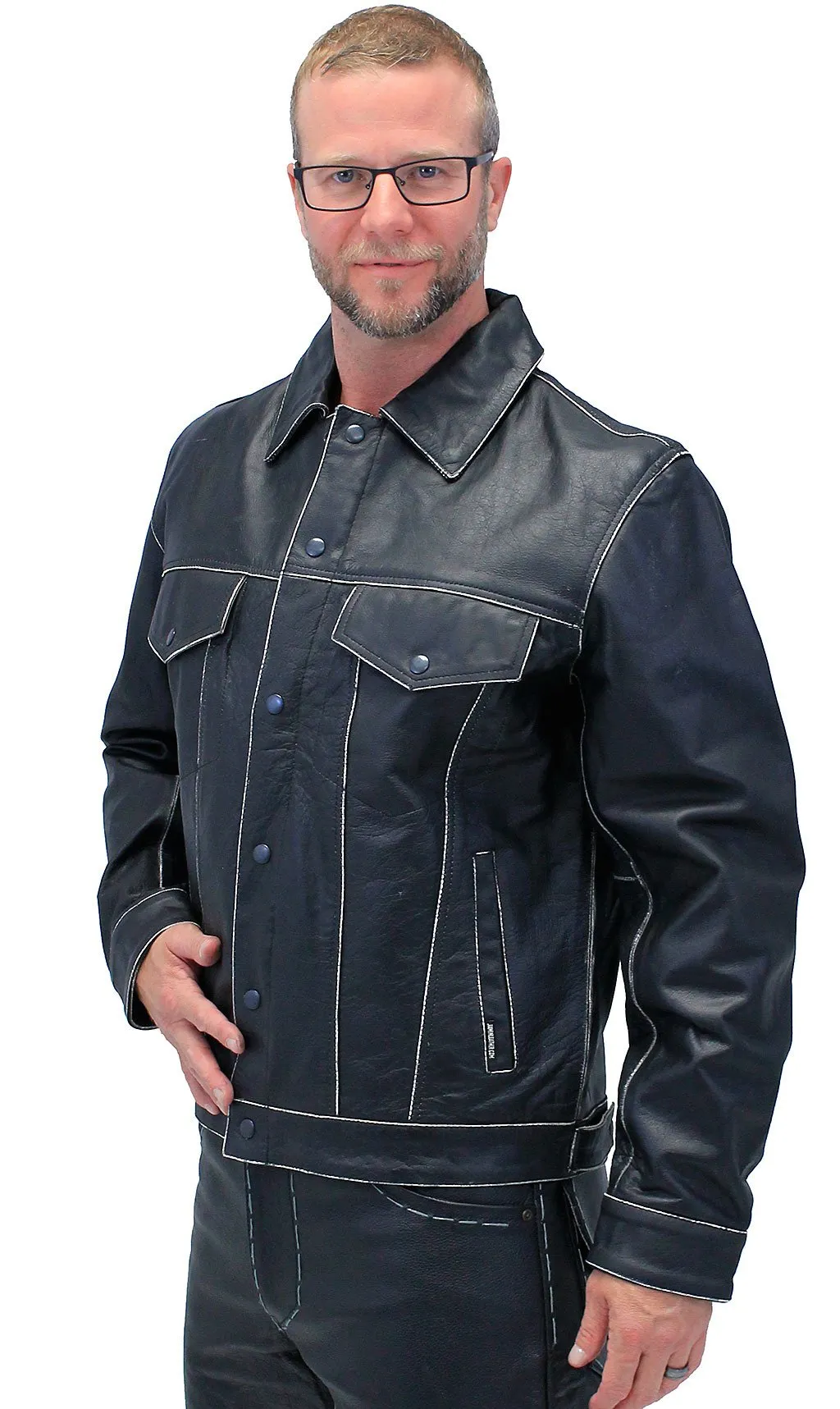 Black Vintage Leather Jean Jacket with Concealed Pockets #MA6643K