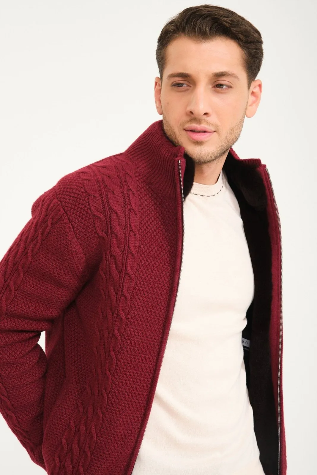 Burgundy Wool & Rex Fur Knit Cardigan