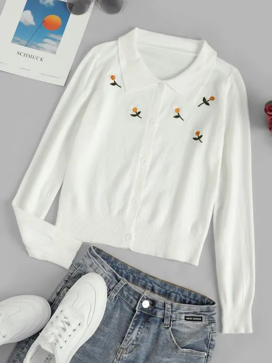 Button Up Daisy Embroidered Cardigan