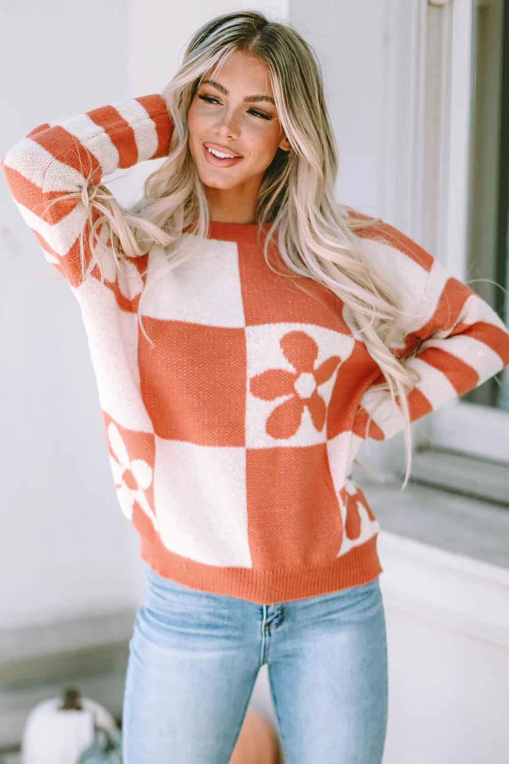 Checkered Floral Print Striped Sweater