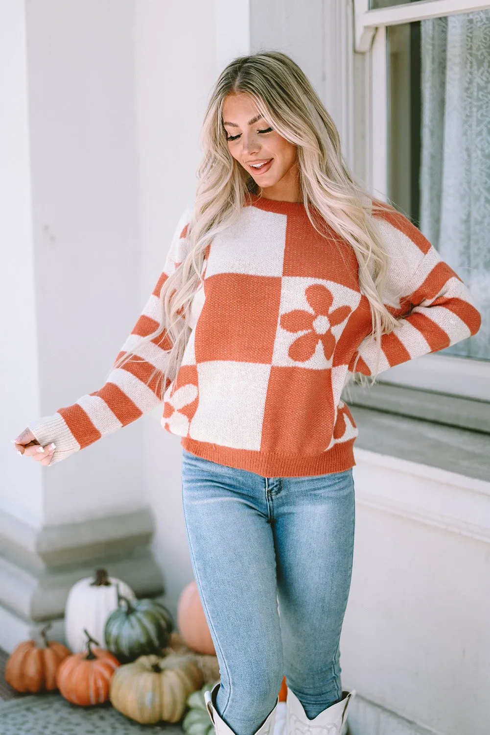 Checkered Floral Print Striped Sweater