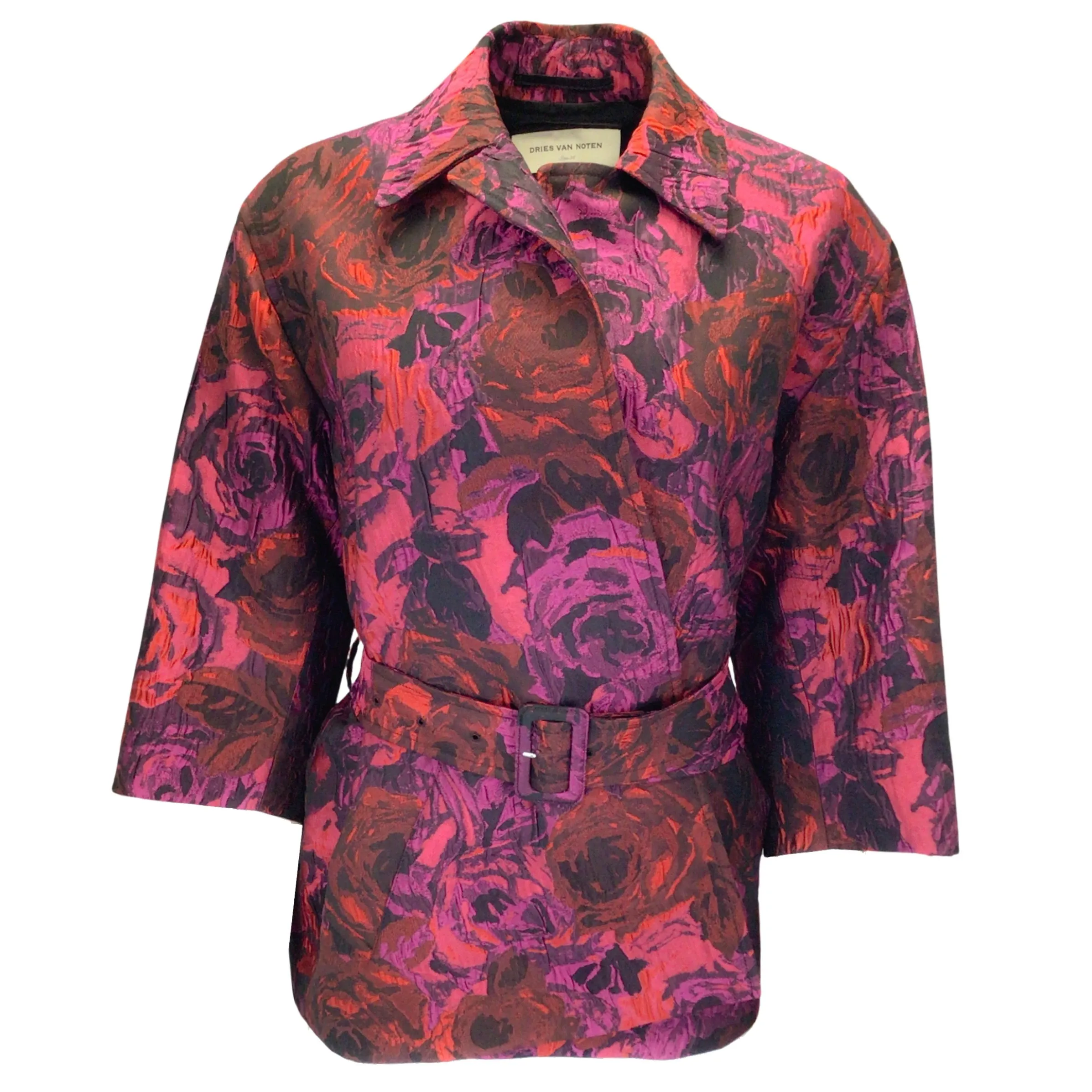 Dries van Noten Fuchsia / Red Multi Belted Jacquard Jacket