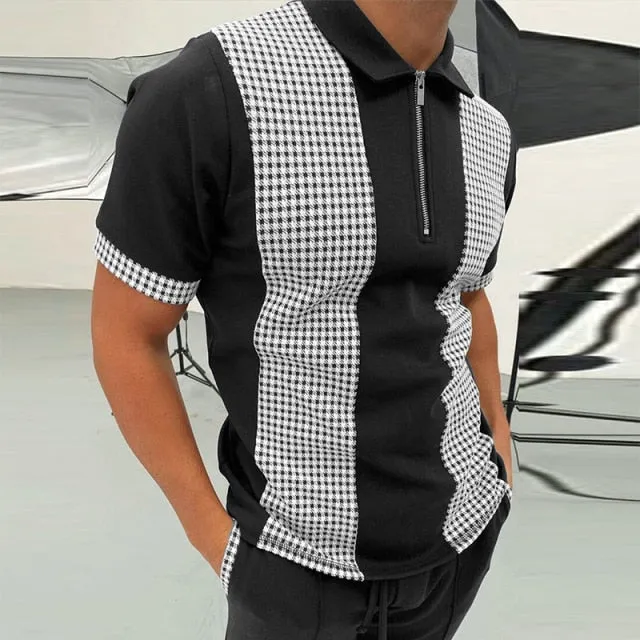 Fashion Patchwork Men Short Sleeve Polo Shirts Casual Turn-down Collar Zipper Design Tops Summer Harajuku Men's Streetwear