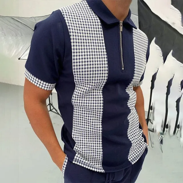 Fashion Patchwork Men Short Sleeve Polo Shirts Casual Turn-down Collar Zipper Design Tops Summer Harajuku Men's Streetwear