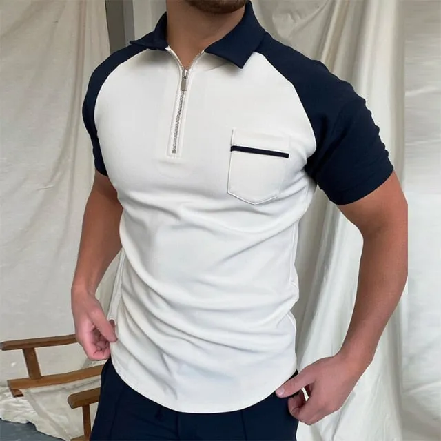 Fashion Patchwork Men Short Sleeve Polo Shirts Casual Turn-down Collar Zipper Design Tops Summer Harajuku Men's Streetwear