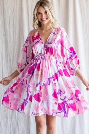 Hot Pink Swirl 3/4 Bubble Sleeves V-Neck Dress