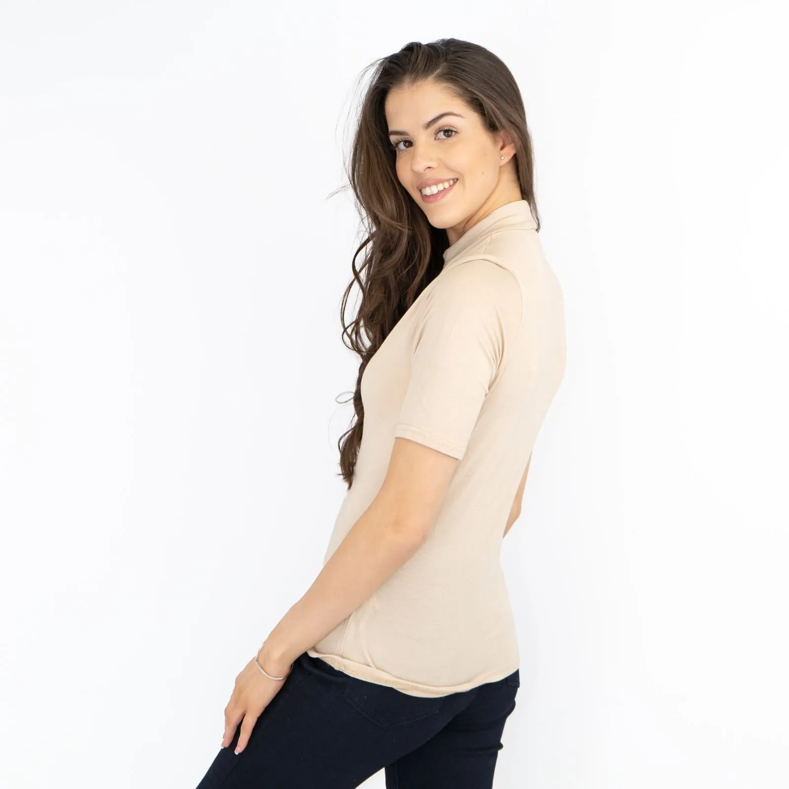 Karen Millen Beige Short Sleeve Jersey Funnel Neck Top