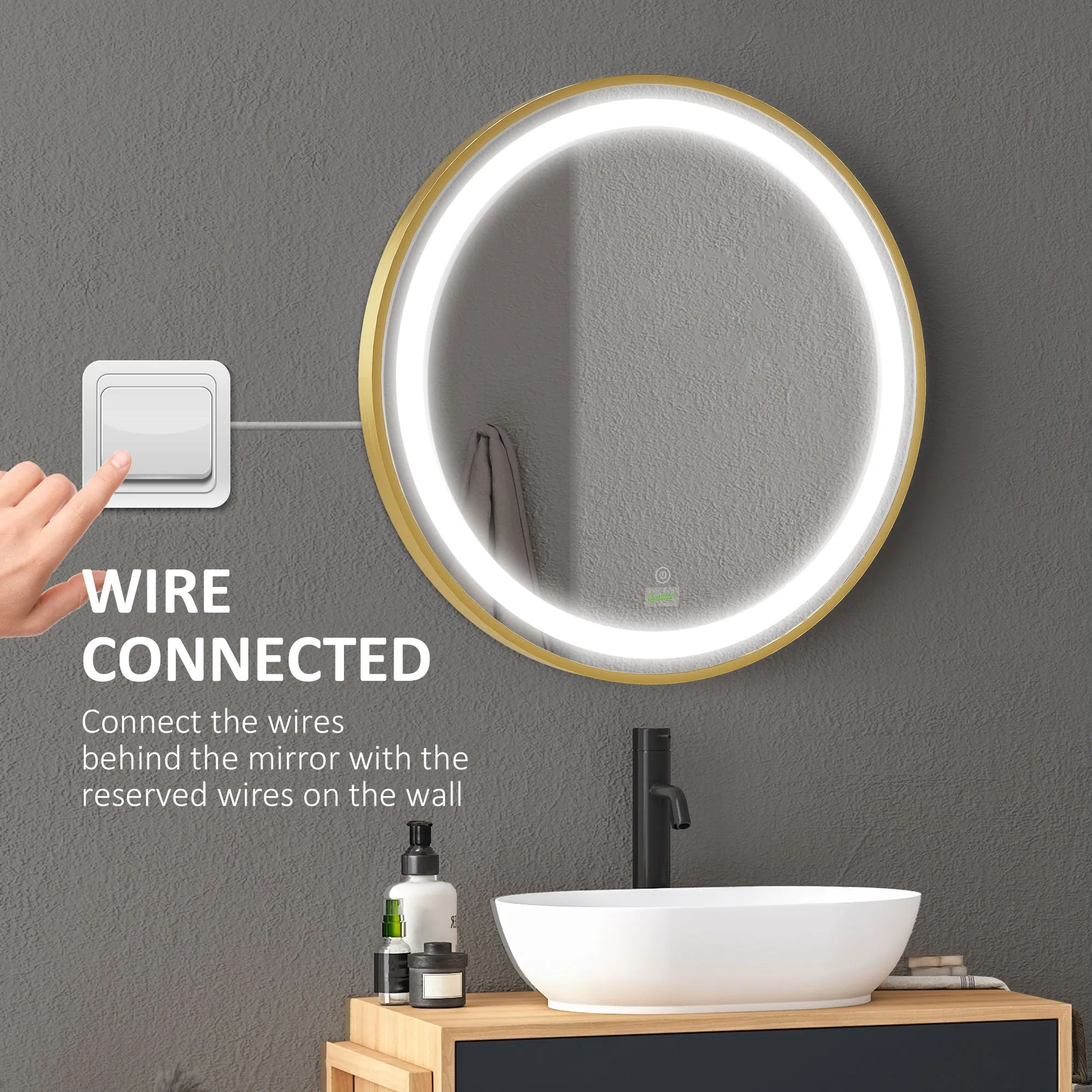 kleankin Round Illuminated Bathroom Mirrors Dimmable LED Lighted Wall Mount Mirror w/ 3 Colours, Time Display, Memory Function, 60cm