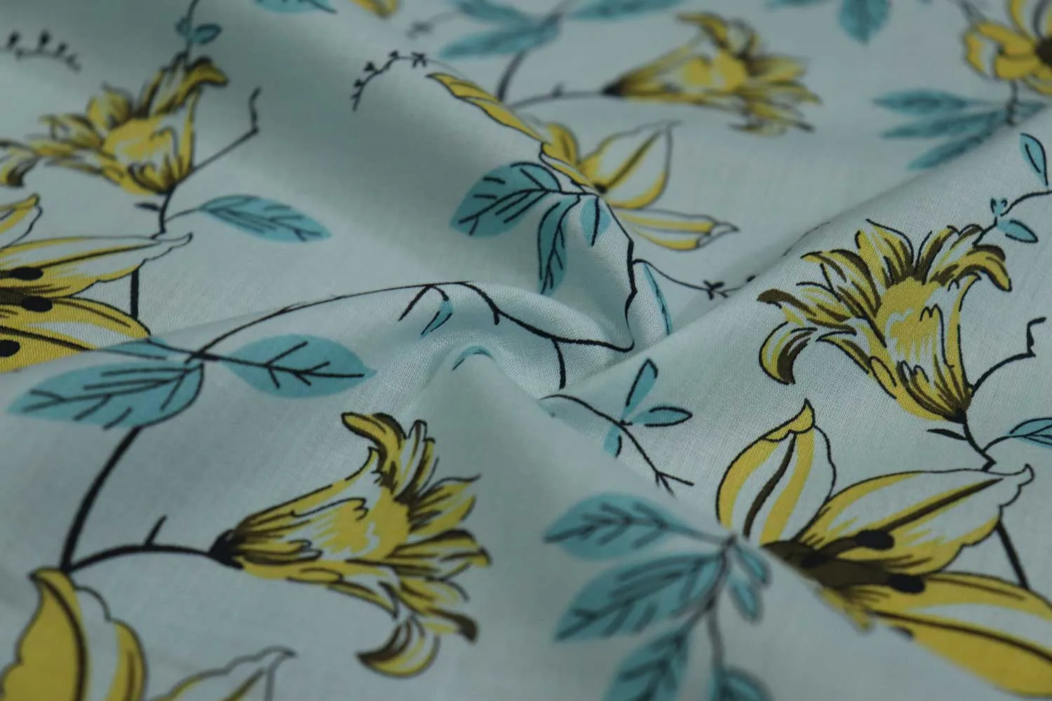 Light Blue & Yellow Floral Printed Cotton Cambric Fabric