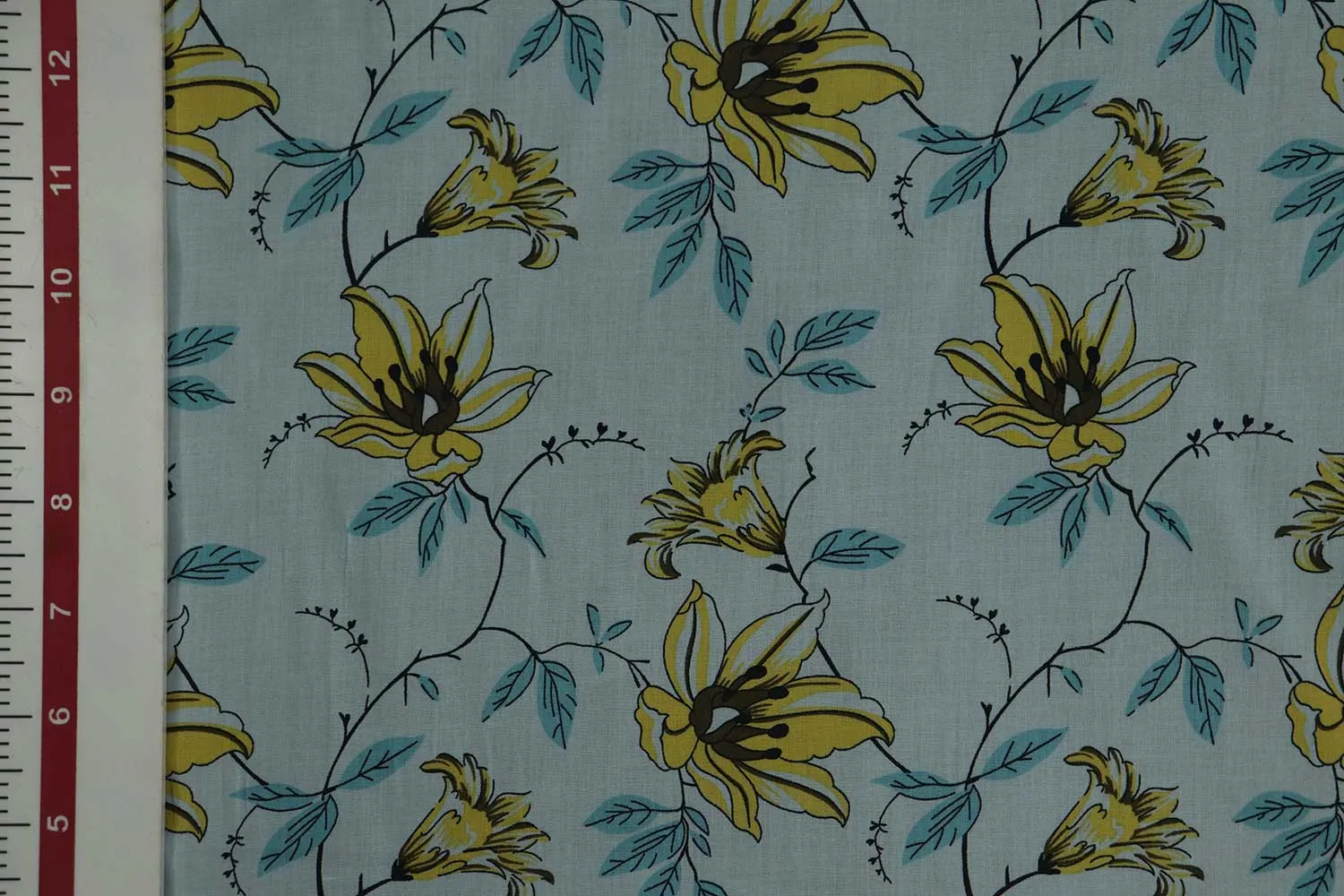 Light Blue & Yellow Floral Printed Cotton Cambric Fabric