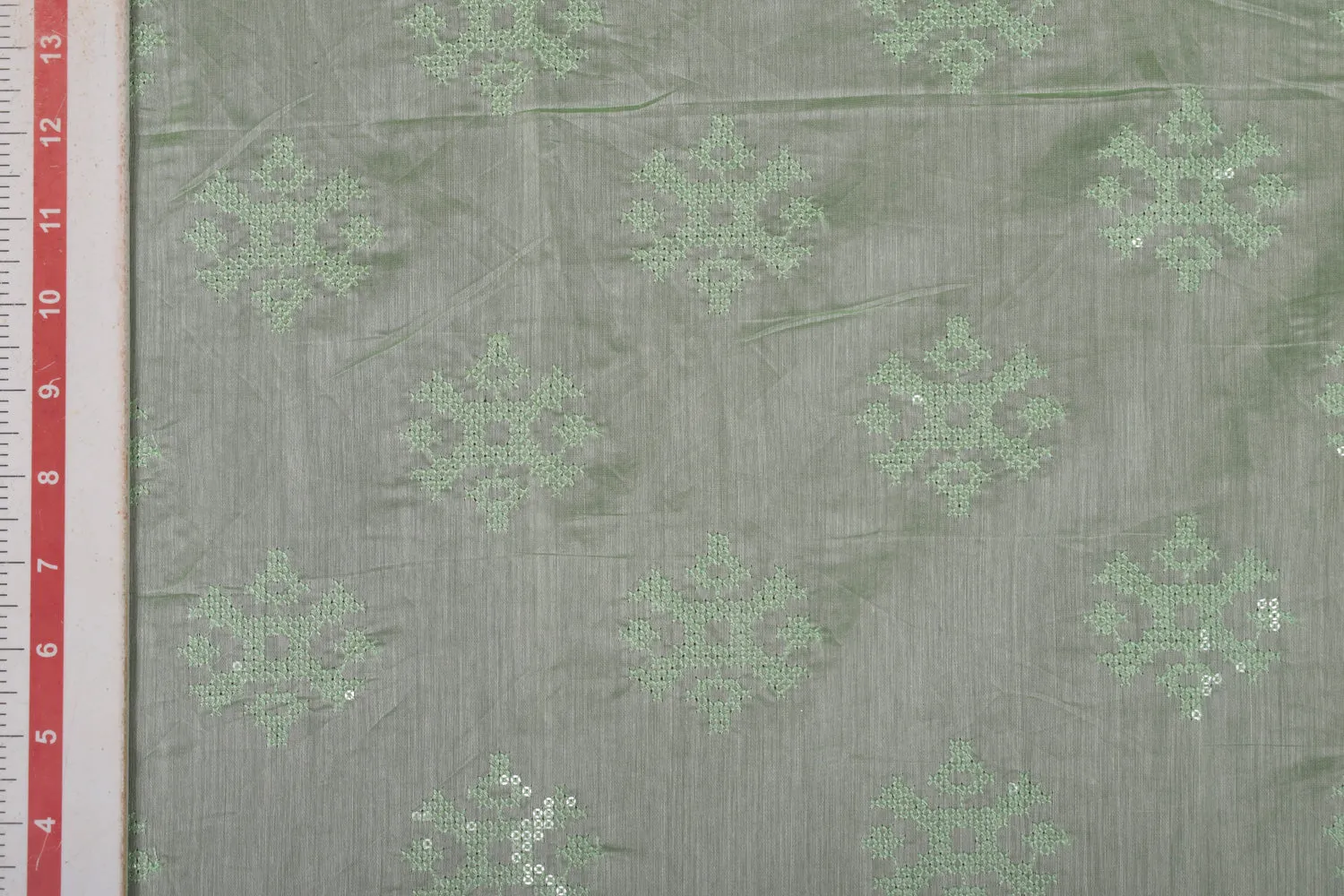 Light Green Embroidered Chanderi Fabric