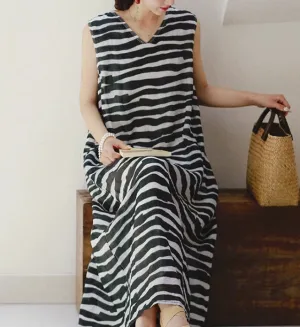 Lightweight Striped Print V-neck Sleeveless Ramie Dress 6633