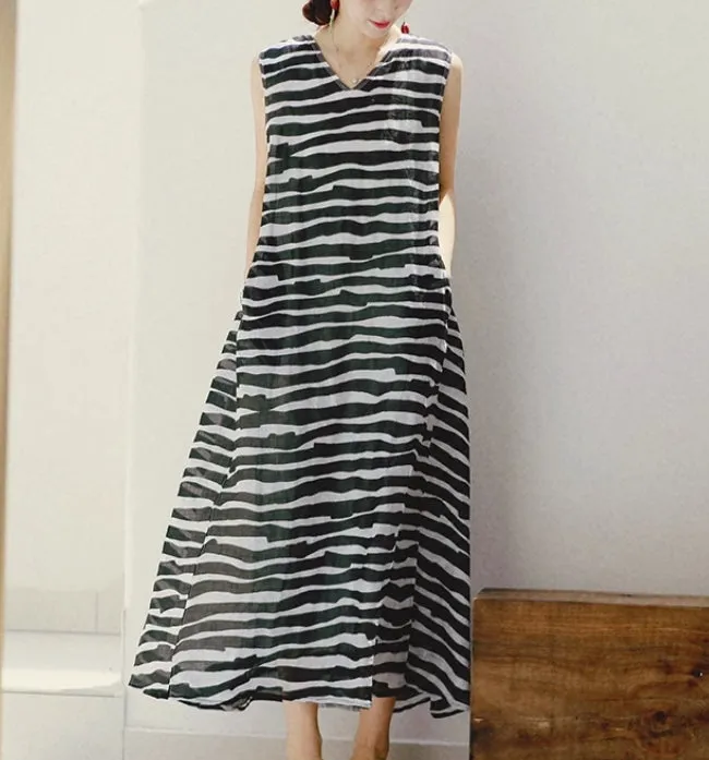 Lightweight Striped Print V-neck Sleeveless Ramie Dress 6633