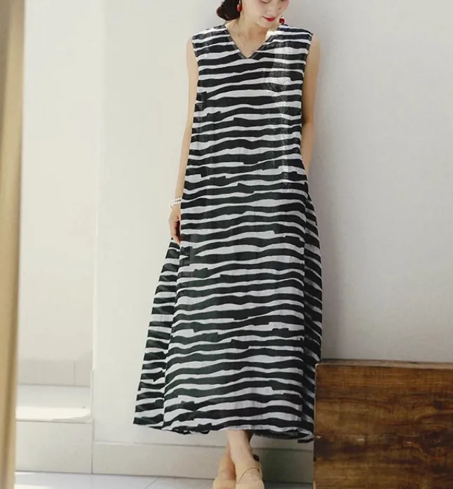 Lightweight Striped Print V-neck Sleeveless Ramie Dress 6633