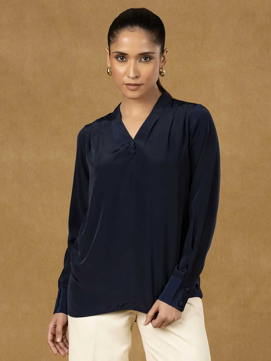 Navy Blue V Neckline Pleated Top