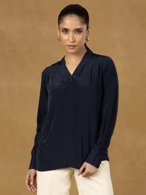 Navy Blue V Neckline Pleated Top