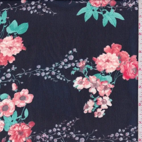 Navy/Salmon Floral Georgette Fabric