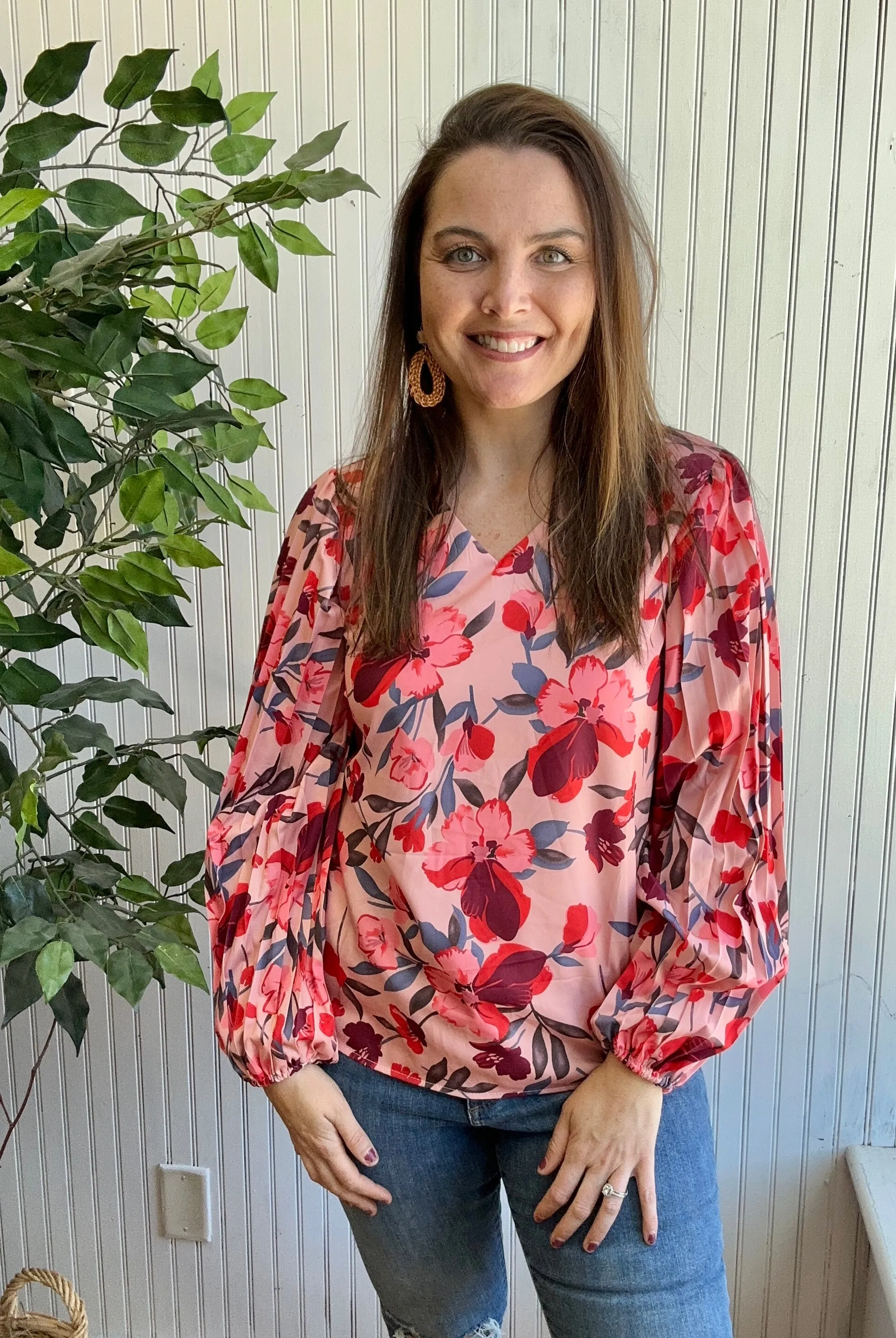 Pink Floral V-neck Long Sleeve Blouse