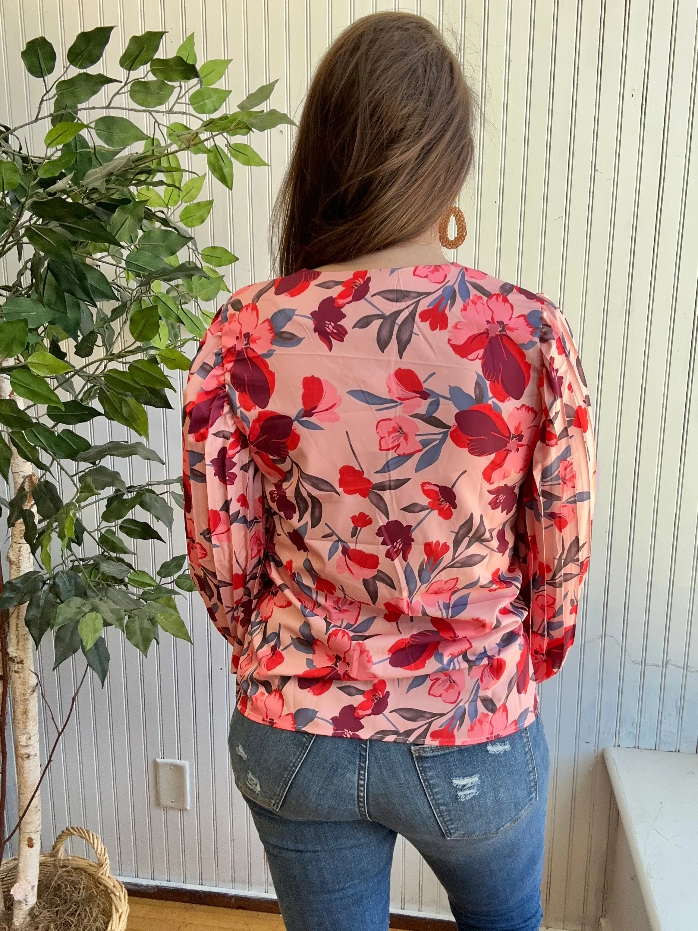 Pink Floral V-neck Long Sleeve Blouse