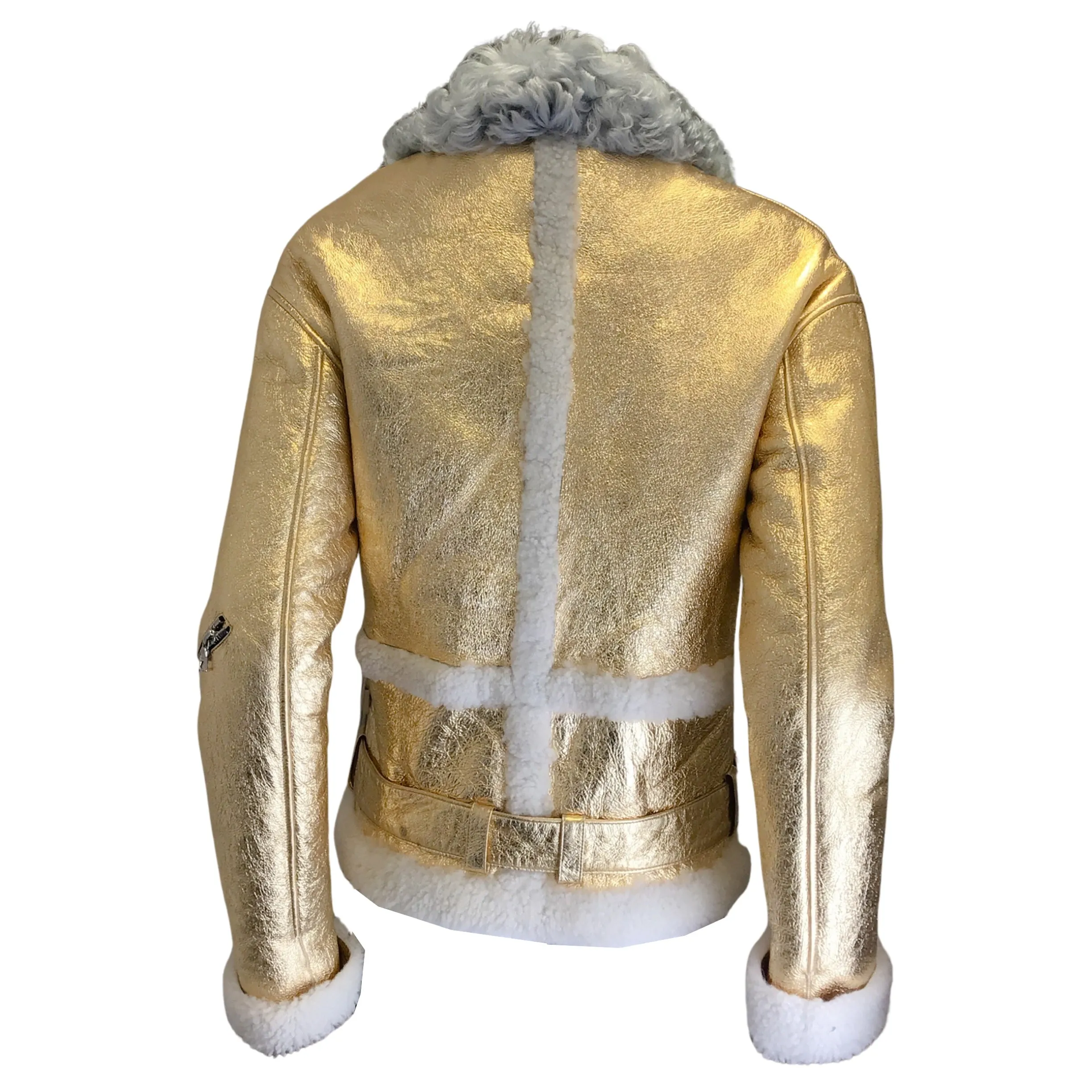 Sandy Liang Gold Metallic Lamb Shearling Moto Zip Biker Jacket