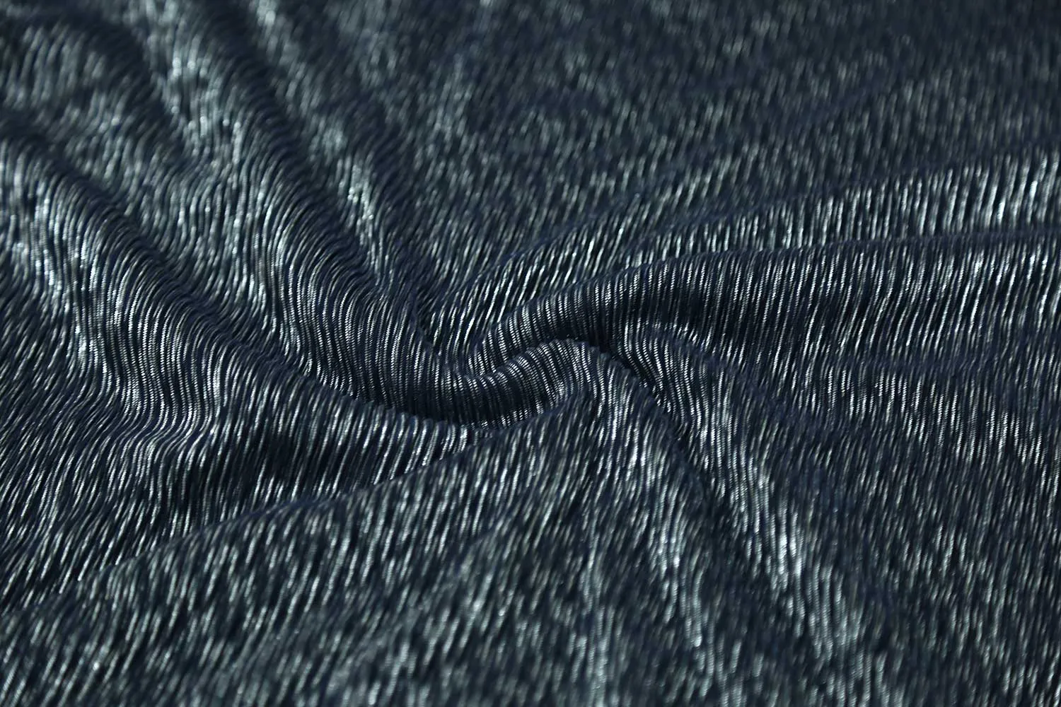 Silver Foil on Dark Blue Foil Print Pleated Knit Fabric