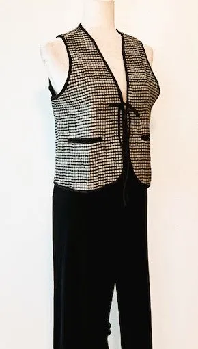 Smart, Tailored Small Check Fashion Vest With Piping and Tie. Black and Gray