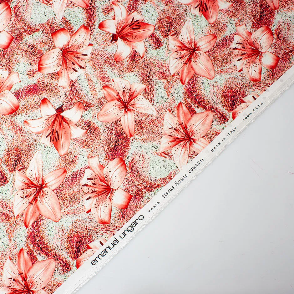 Soft Red Floral Printed Pale Mint Silk Jacquard