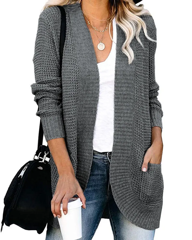 Solid Color Knit Open-Front Cardigan